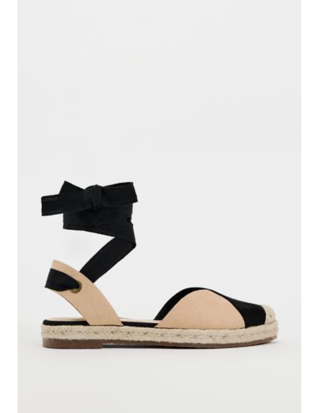 Zara Combination Tied Jute Espadrilles Black Beige Ankle Tie